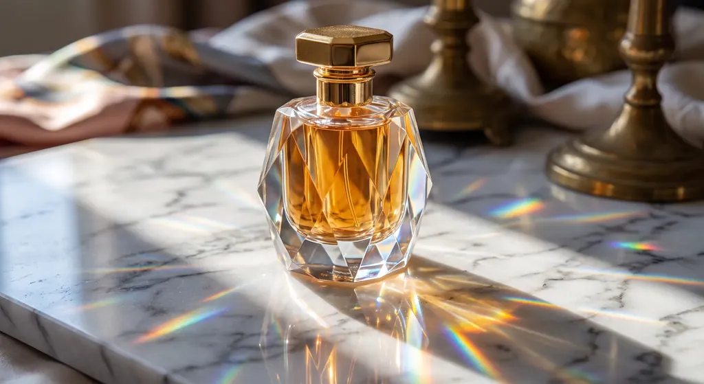 An amber perfume bottle catches the light on a marble surface.