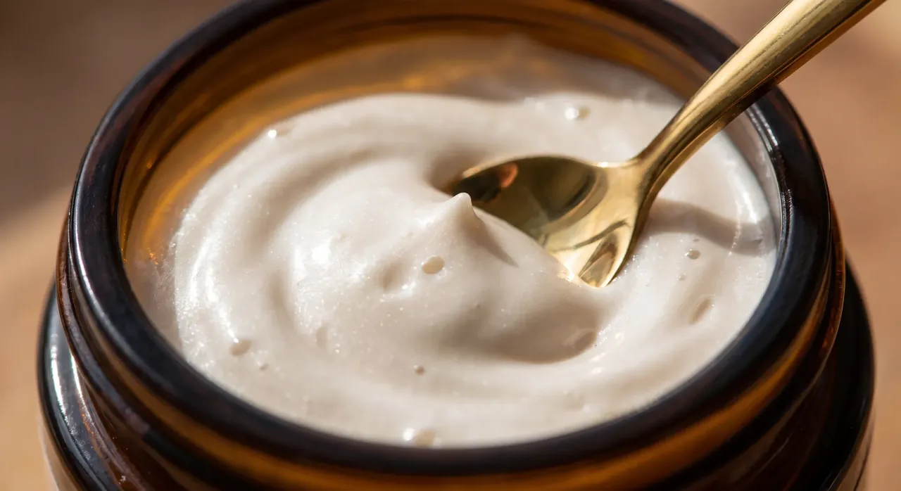 A gold spatula rests in a jar of rich skincare cream.